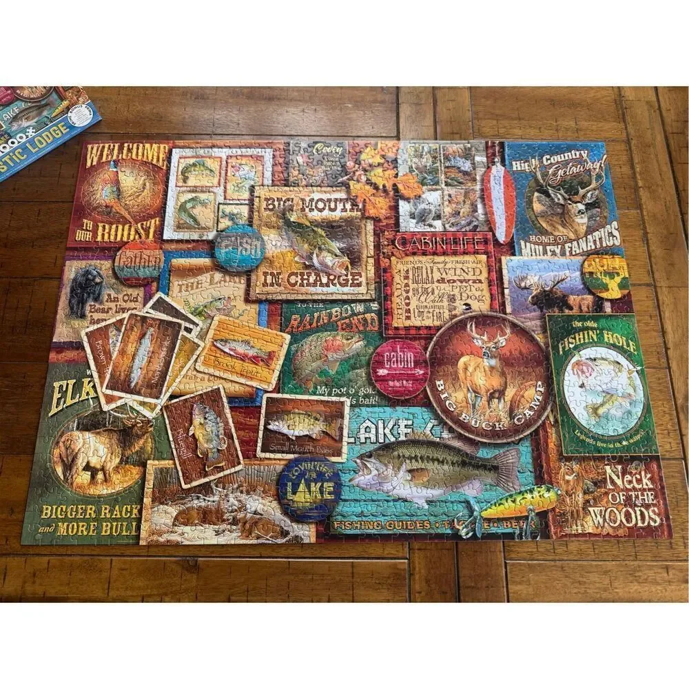 Ceaco Rustic Lodge Collage Jigsaw Puzzle 1000 Pieces COMPLETE Hunting Fishing